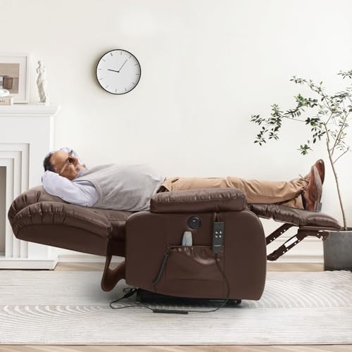 Dual Motor Large Power Lift Recliner Chair for Elderly with Heat and Massage,Lay Flat Lift Chairs Recliners for Seniors Infinite Position,USB Ports&Remote, Leather (Black)