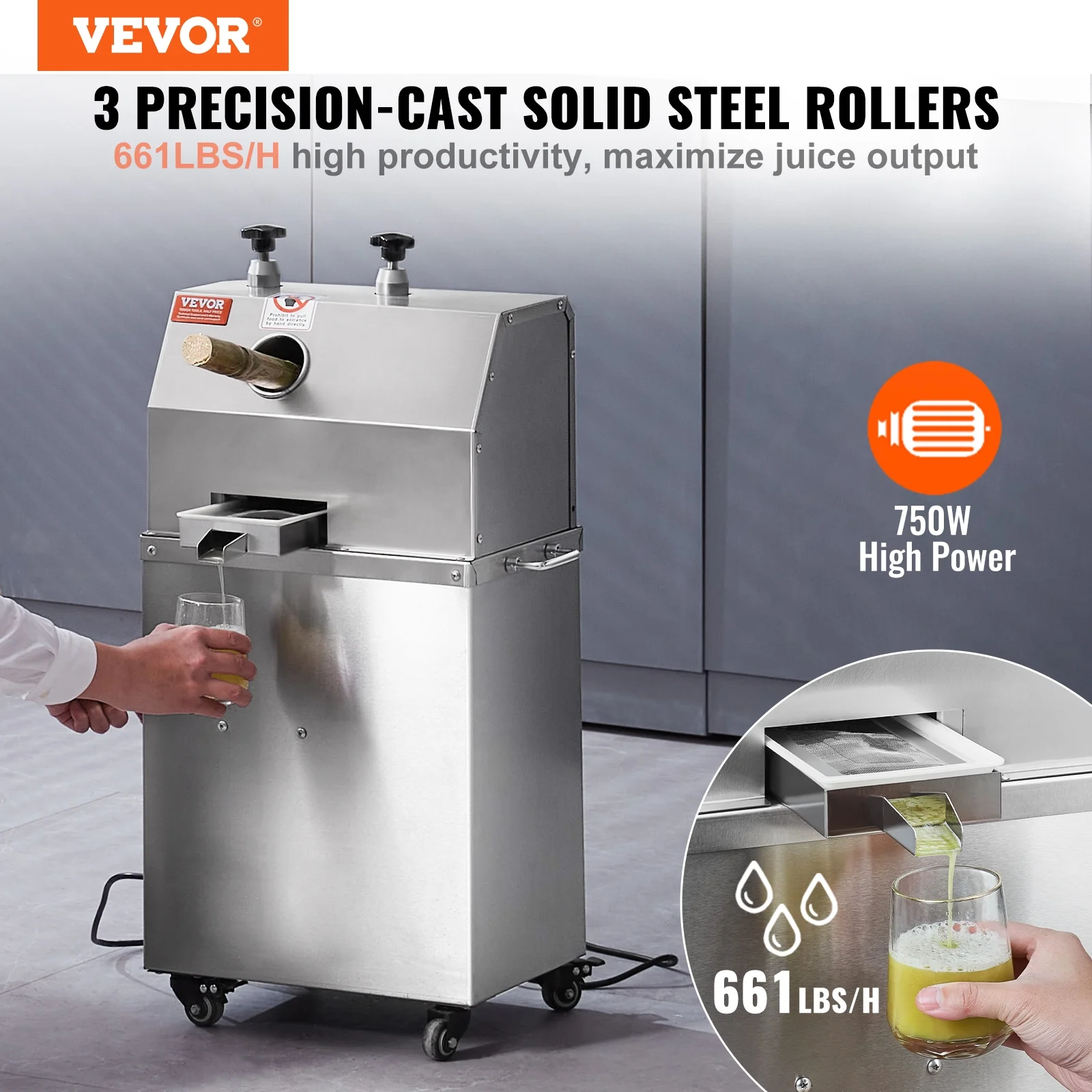 SKYSHALO 750W Electric Sugar Cane Juicer 661LBS/H Output 3 Rollers 2.4
