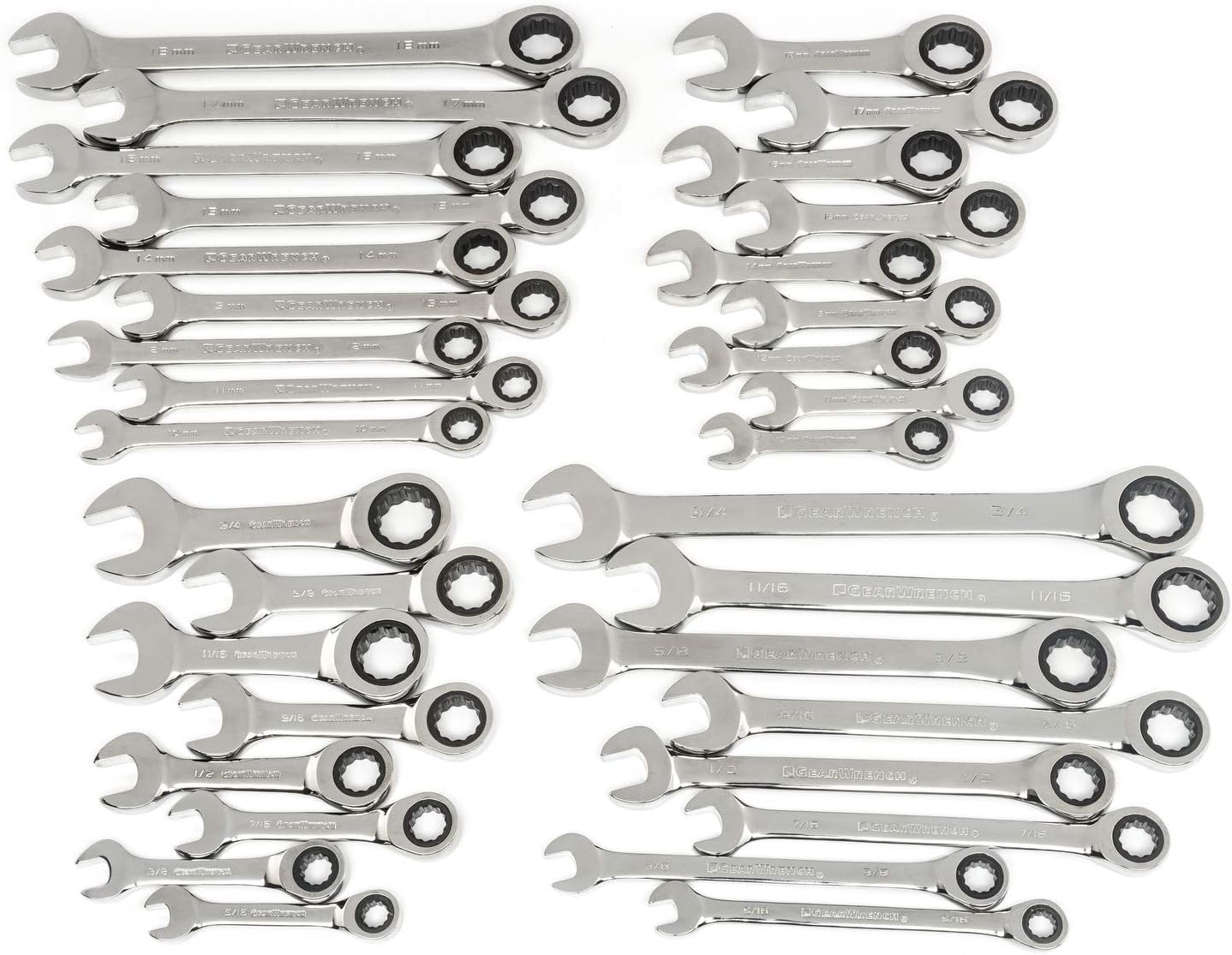 34 Pc. Standard    Ratcheting Wrench Set, SAE   Metric   85034