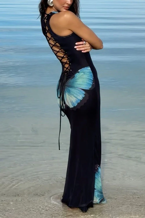 Lace-Up Butterfly Maxi DressClistos