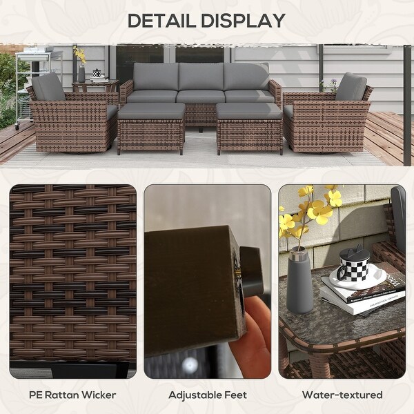 Outsunny 6 Piece Patio Furniture Set with Rattan Threeseater Sofa,Swivel Rocking Chairs,Footstools
