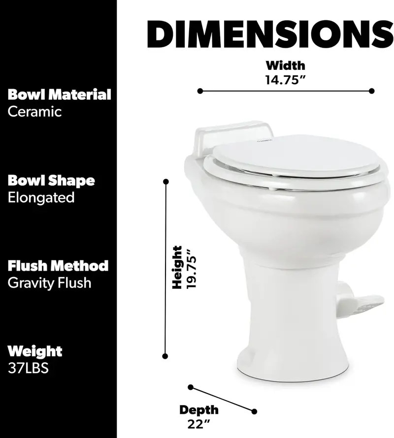 Standard Height RV Toilet – White 320 Series Gravity Flush Toilet with Slow-Close Seat and Compact Design