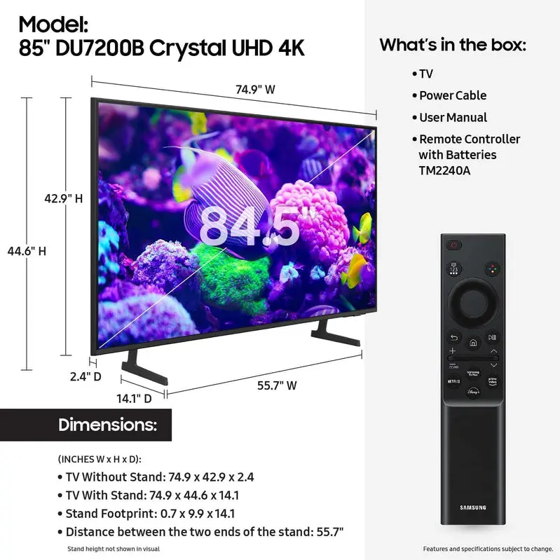 Samsung 85-Inch DU7200B 4K Smart TV – Crystal UHD, Motion Xcelerator, Object Tracking Sound Lite, HDR