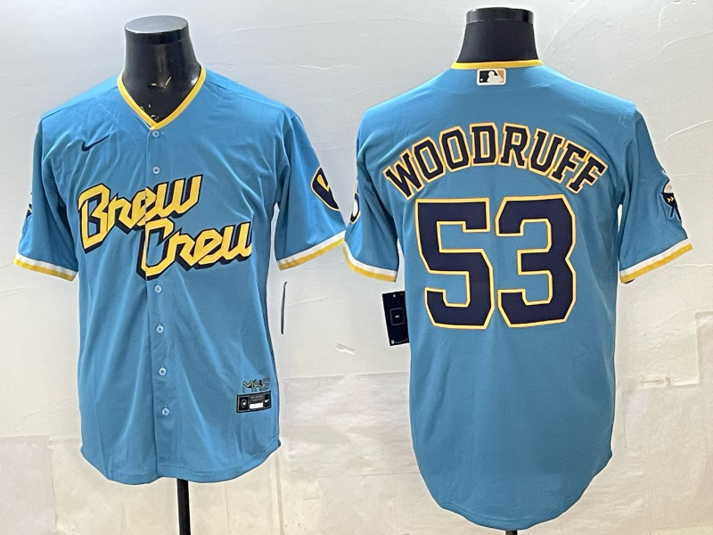 Men's Milwaukee Brewers Brandon Woodruff #53 Powder Blue City Connect Replica Player Jersey