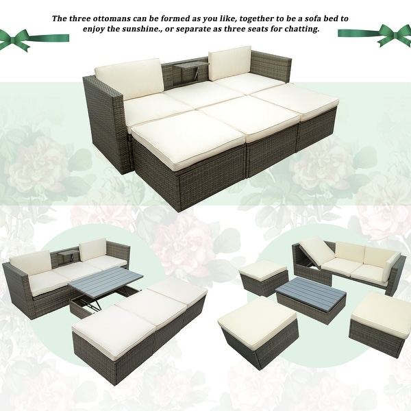 5Piece PE Wicker Sofa Set with Adjustable Backrest,Ottomans,and Lift Top Table