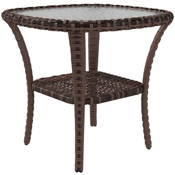 Rattan Coffee Table with Storage Shelf,Wicker Side Table with Glass Top,Outdoor End Table for Garden,Porch,Backyard