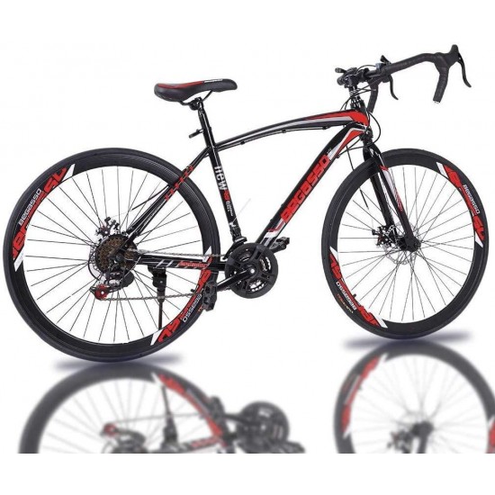 Aluminum Road Bike, Carbon Fork Road Bike 21 Speed Disc Brakes, 700c, Red
