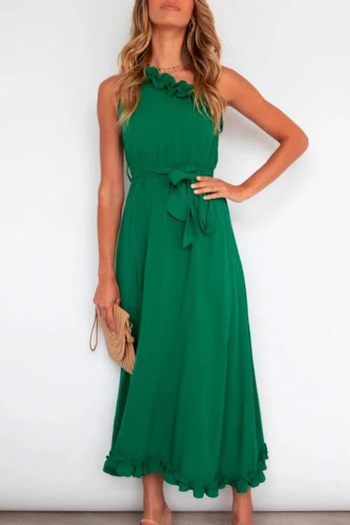 One Shoulder Ruffle Swing Dress with Tie WaistClistos