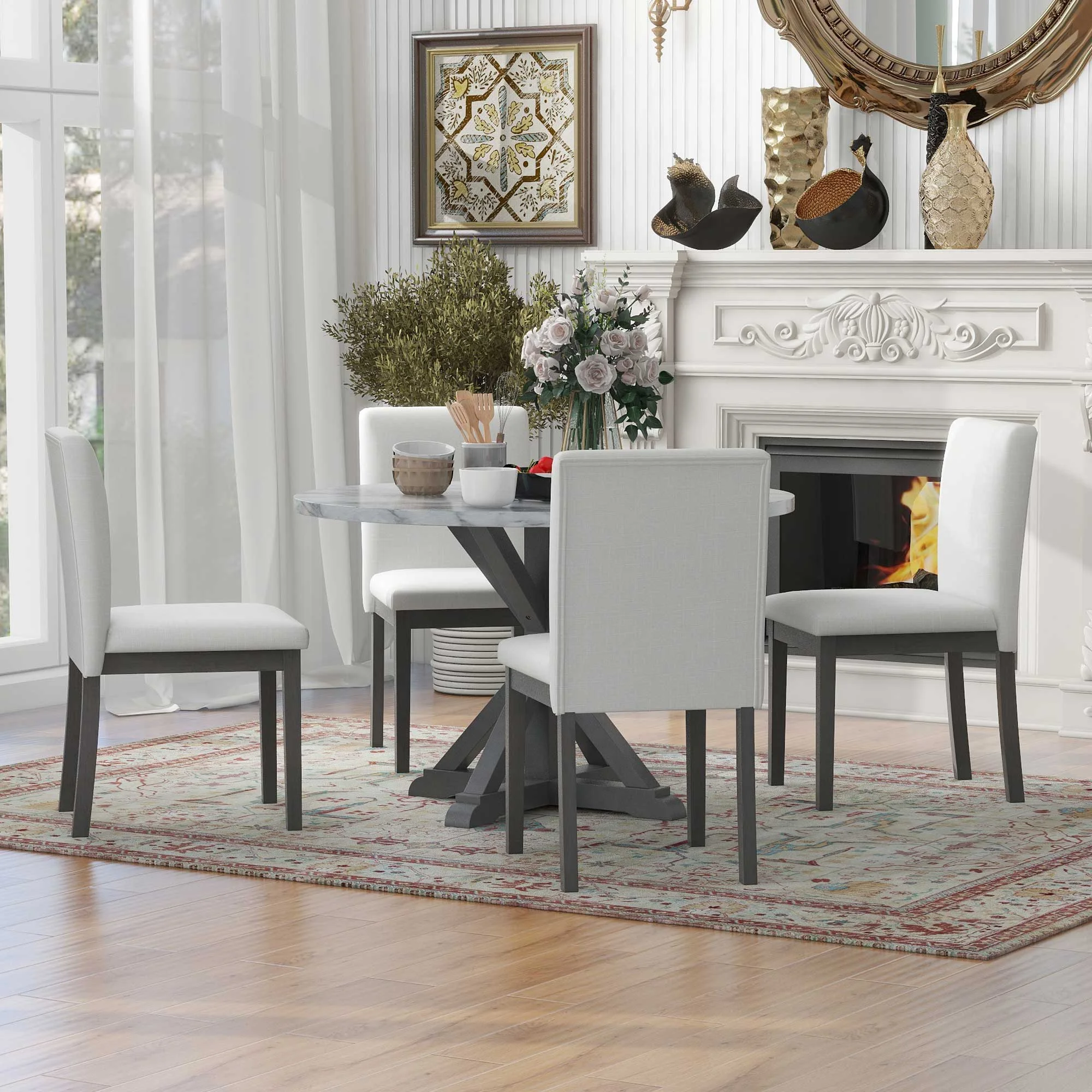 Atumon 5 Piece Round Dining Room Set, Dining Table Set with Cushioned Chairs for 4, Wood Table with Marble Sticker Tabletop and Cross Bracket Pedestal, Dining Table Set for Kitchen Dining Room, Gray