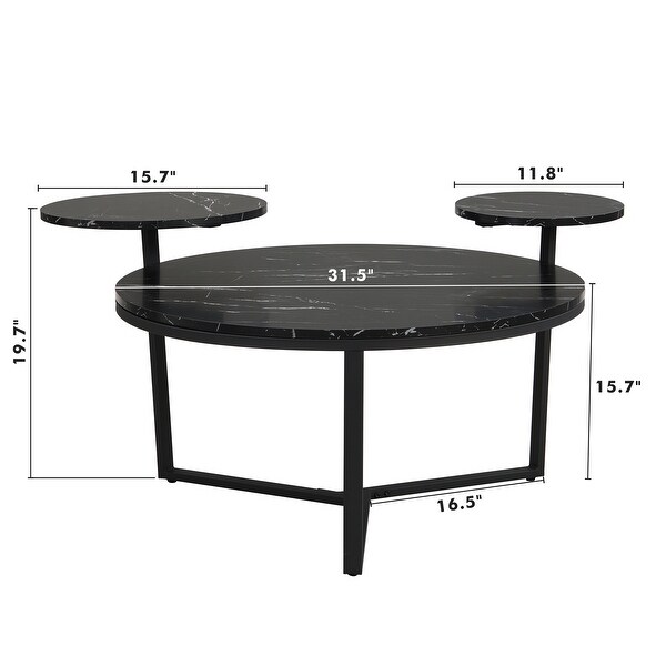 Modern coffee table with two display shelves,Black Faux marble surfaces,Tripodinspired base and Rounded tabletop edges