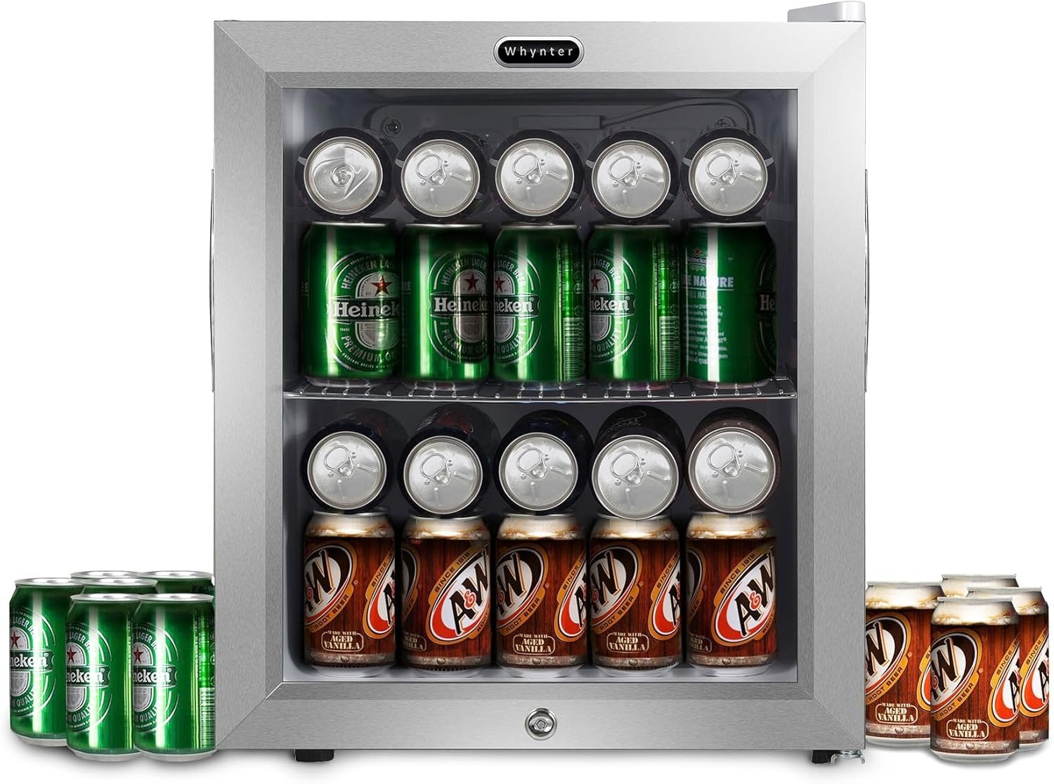 1.6 Cu.Ft Beverage Refrigerator 68-Can Capacity Double-Layer Glass Door Stainless Steel & White