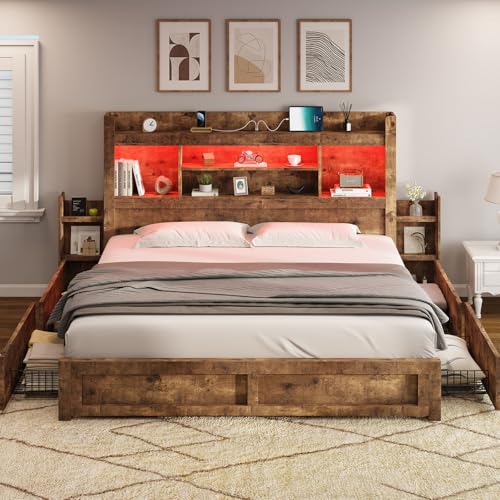 AMERLIFE Full Size Bed Frame with 4 Storage Drawers, LED Bed Frame with 49.6