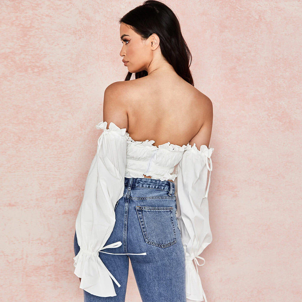Off Shoulder Ruffle Crop Top with Smocked BodiceClistos