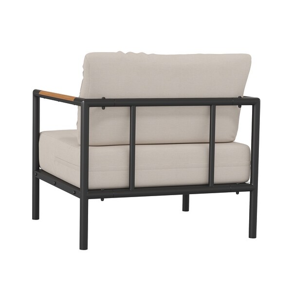 Aluminum Frame Patio Chair with Teak Arm Accents and Plush Cushions