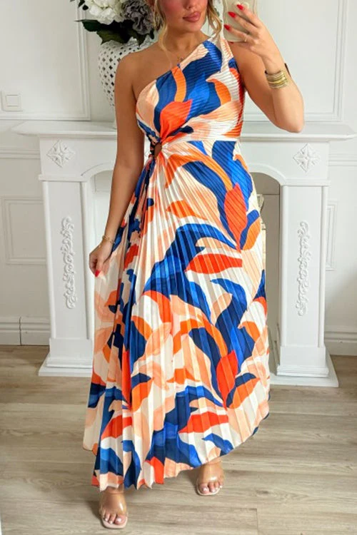 One Shoulder Pleated Maxi Dress | Abstract PrintClistos