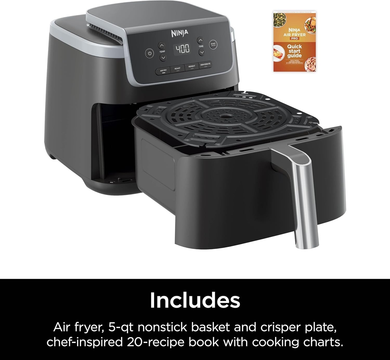 Air Fryer with Air Crisp | 5 QT Capacity fits up to 4lbs of Fries | 4-in-1 Pro Air Fry, Roast, Reheat, Dehydrate | 400°F Max Temp | 1750 Watts | W/Nonstick Basket & Crisper Plate