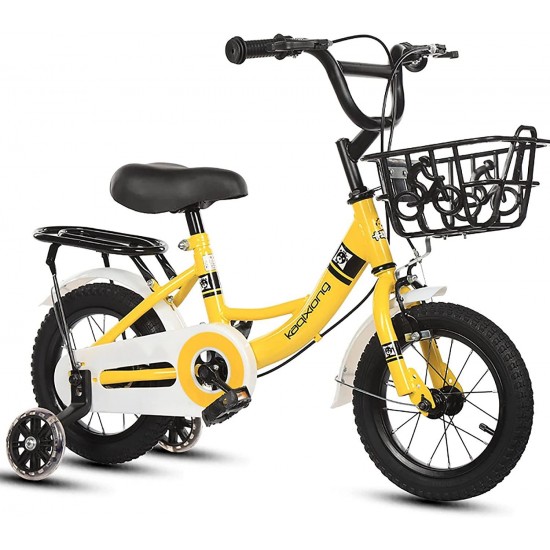 Kids Bike,12 14 16 18 20 Inch Boys Bicycle Girls Bike with Can Flash Training Wheels with Back Seat and Basket for Kids Ages 2-12,Kickstand for 16 18 Inch Boys Bike,Yellow,14inches