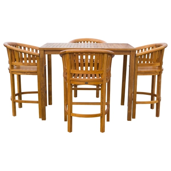 Chic Teak 5 Piece Teak Wood Peanut Patio Bistro Bar Set with 4 Bar Chairs and 55