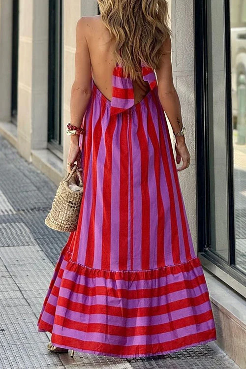 Striped Halter Open Back Maxi DressClistos