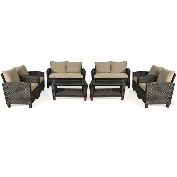 Gymax 8PCS Cushioned Rattan Conversation Set w/ Coffee Table Patio