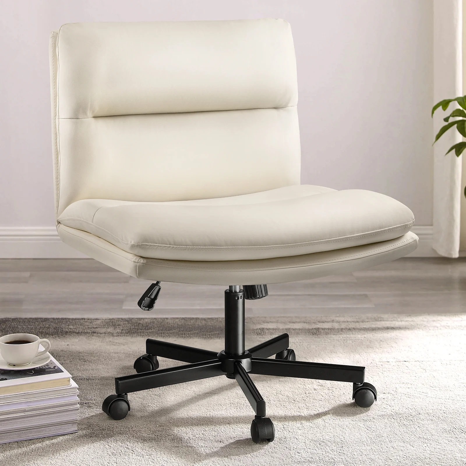 Waleaf Criss Cross Chair with Wheels,PU Leather Padded Armless Cross Legged Office Desk Chair for Home Office