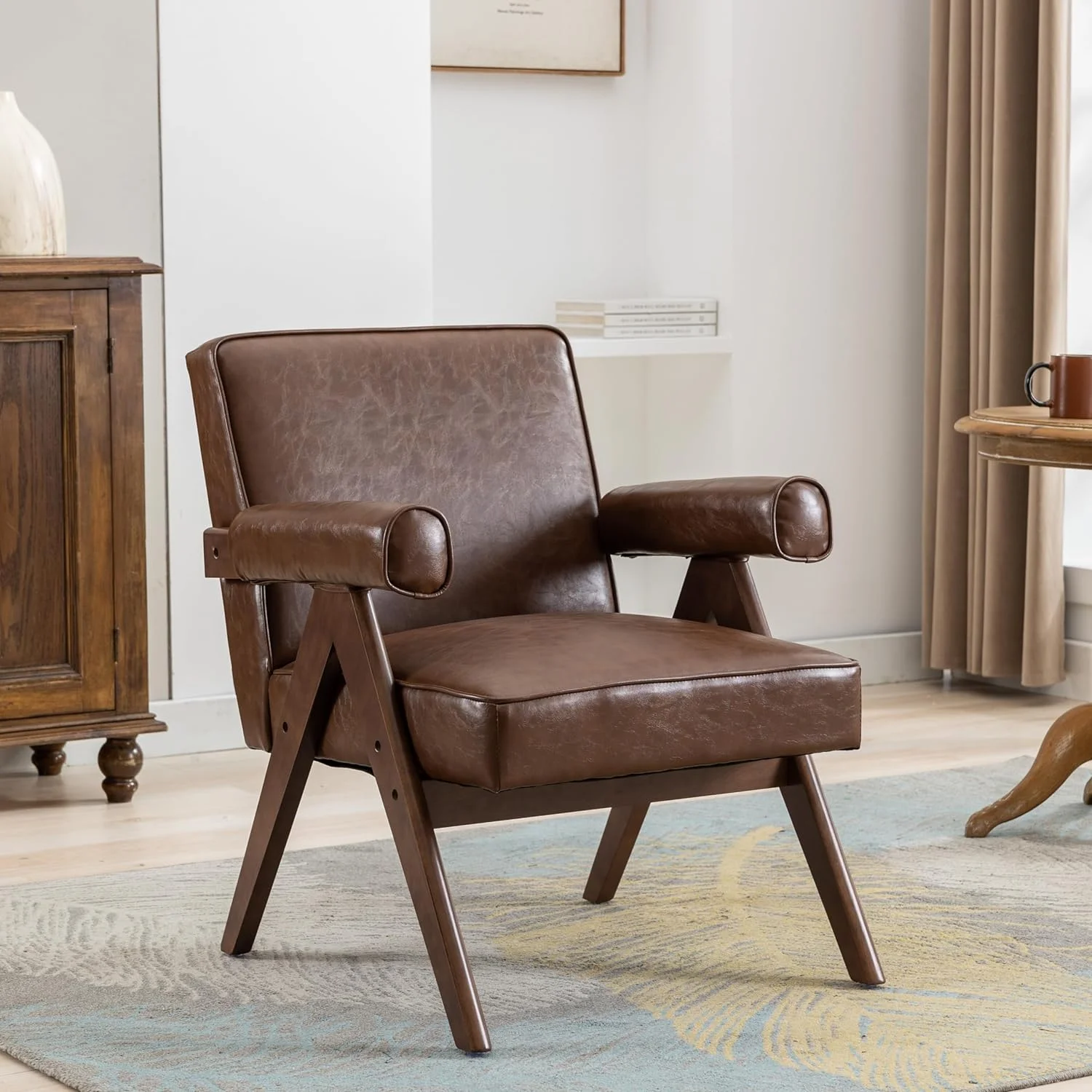 HOOMHIBIU Accent Chairs for Living Room  PU Leather Leisure Chair with Solid Wood Armrest and Feet  Modern Wood Single Chair for Bedroom  Small Spaces  Apartment  Office (Brown)
