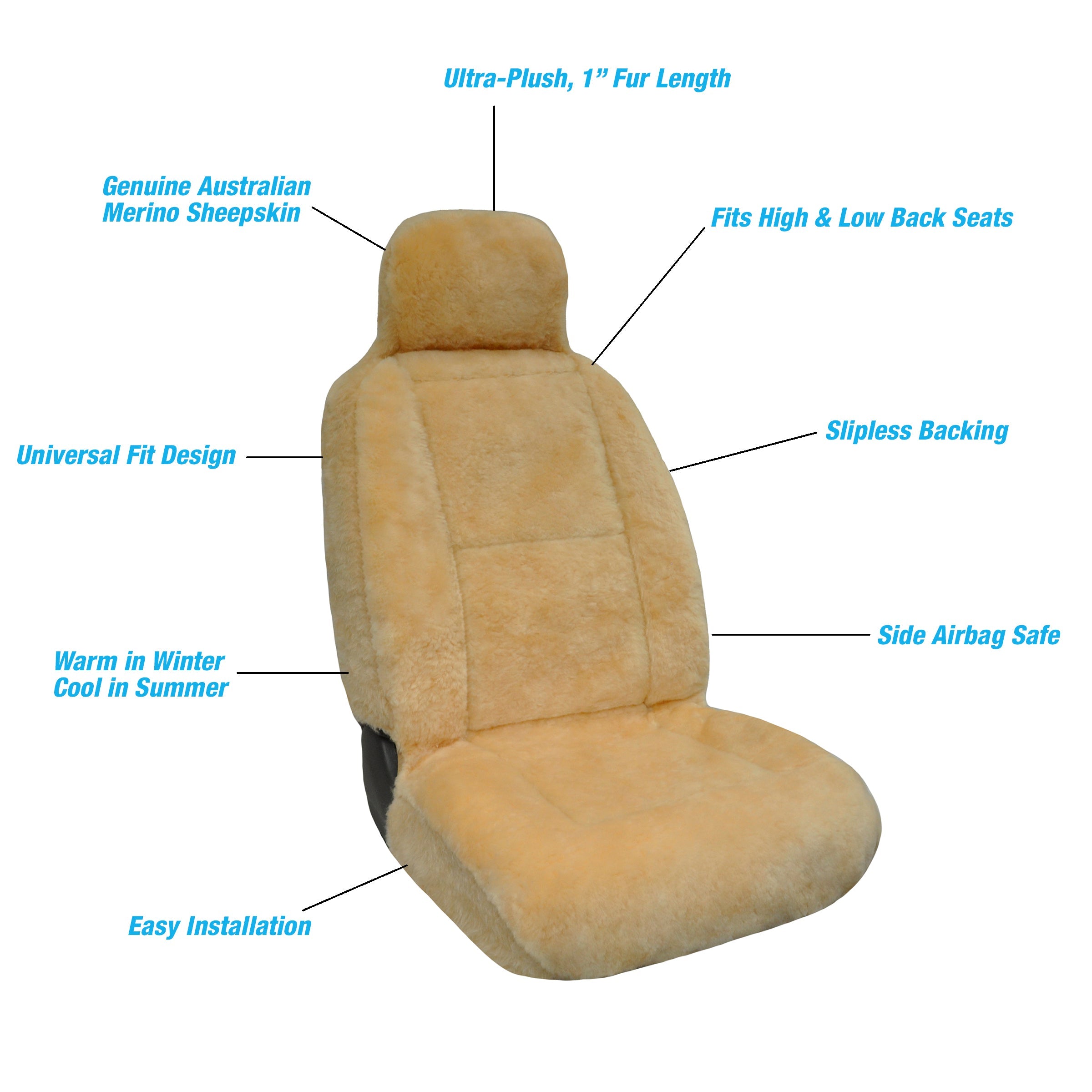 Eurow Sheepskin Seat Cover New XL Design Premium Pelt, Champagne