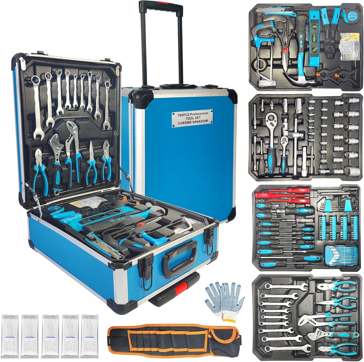 799pcs Aluminum Trolley Case Tool Set Silver, House Repair Kit Set, Household Hand Tool Set, with Tool Belt