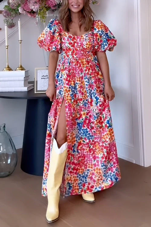Printed Maxi Dress with High Slit & Puff SleevesClistos
