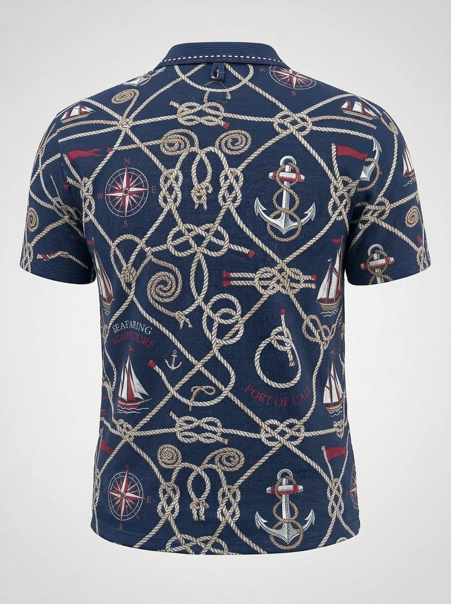 Moisture Wicking Golf Polo 3D Navy Nautical Anchor Button Short Sleeve Golf Polo Shirt
