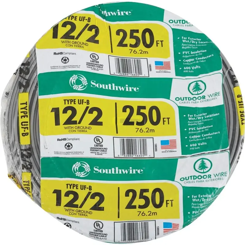Southwire 13055955 12-2 Underground Feeder Wire with Ground – 250 ft, Gray Jacket