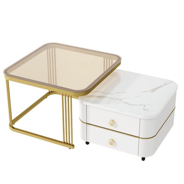 Mieres Stackable Coffee Table,Nesting Tables with Brown Tempered Glass,Wheels and Drawers and High Gloss Marble Grain Top