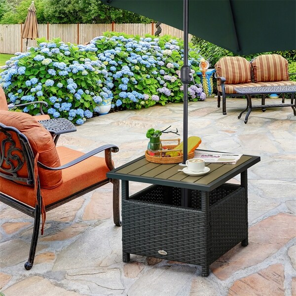 Outsunny Rattan Wicker Side Table w/Steel Frame,Umbrella Insert Hole