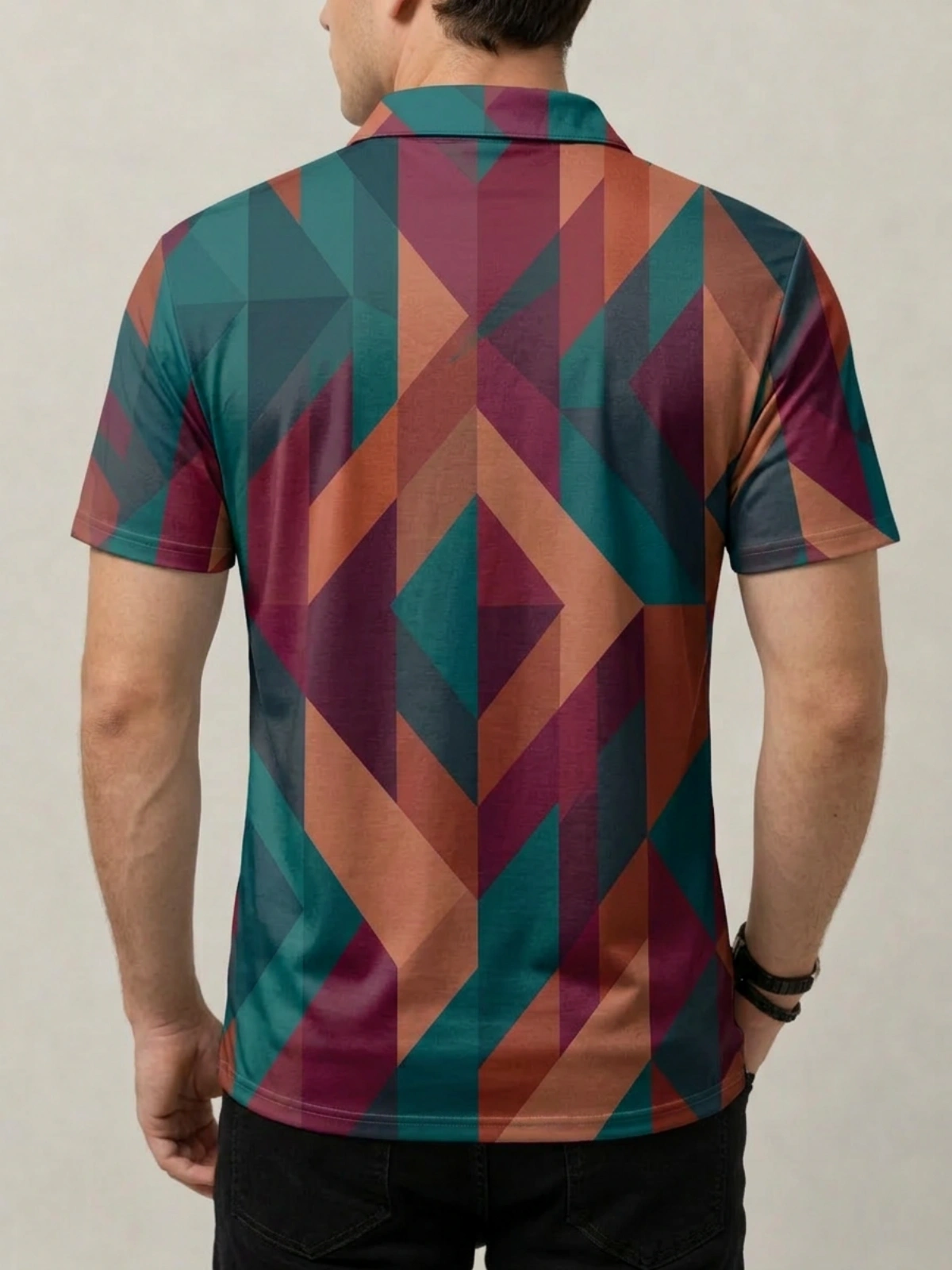 Teal Maroon Coral Geometric Chevron Print Short Sleeve Golf Polo Shirt
