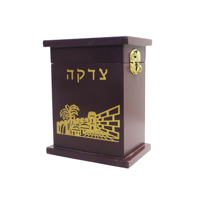 Classical Enameled Wood Tzedakah Box Brown gold