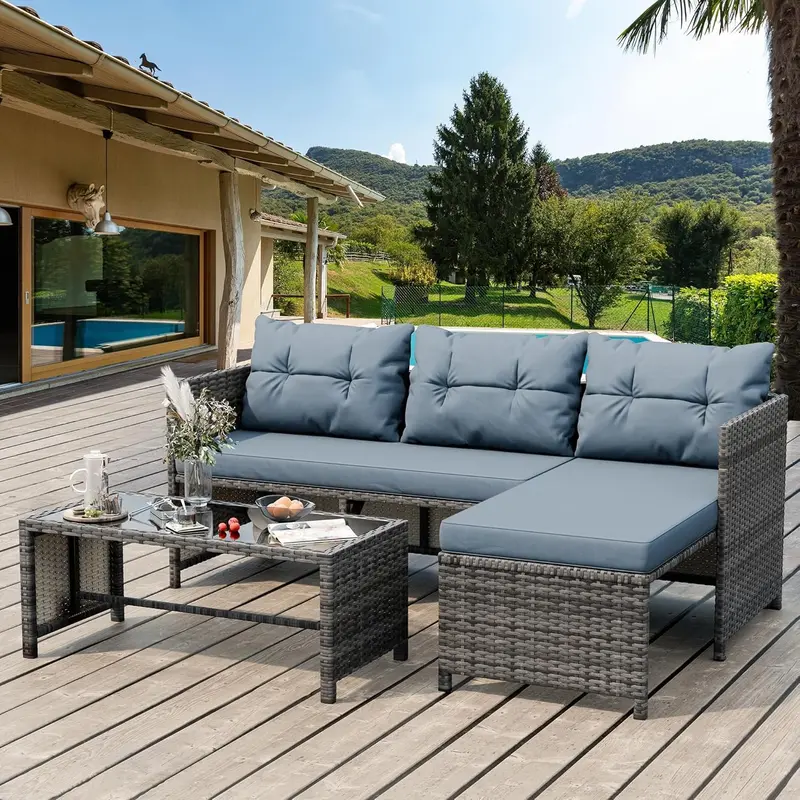 Shintenchi 3-Piece Blue-Gray Wicker Patio Set – All-Weather Conversation Seating with Glass Table & Cushions