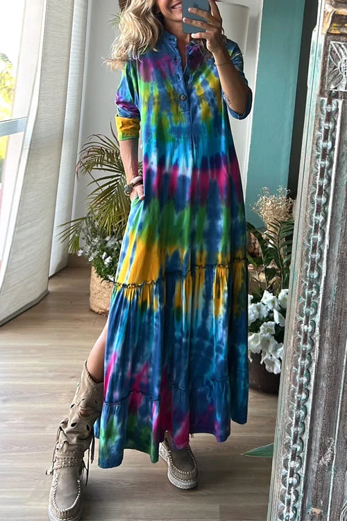 Tie Dye Maxi Dress with Side Slit & RufflesClistos