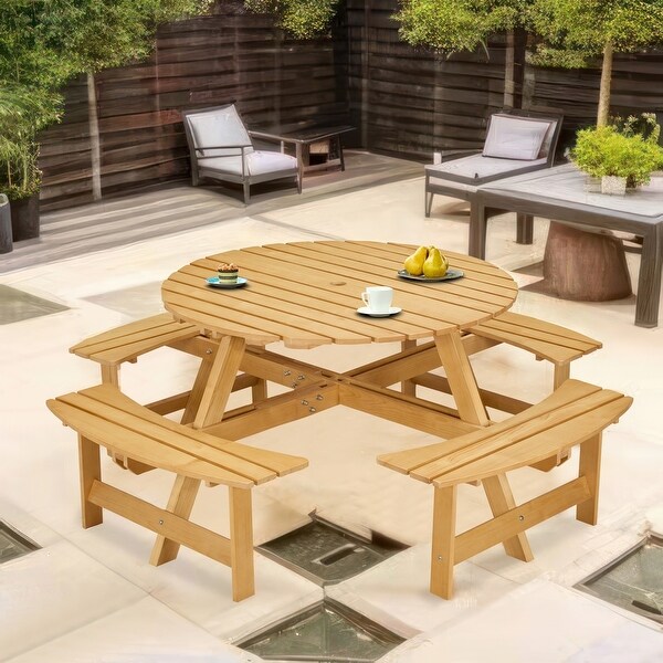 Outdoor 8Person Round Picnic Table with 4 Benches,Umbrella Hole