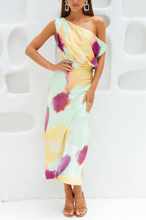 Asymmetric Slit Maxi Dress | One Shoulder Tie Dye GownClistos