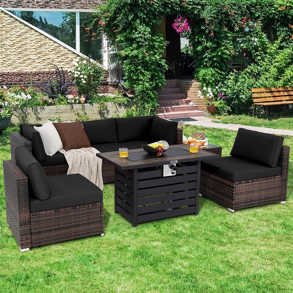 Gymax 7PCS Patio Rattan Furniture Set 42'' Fire Pit Table w/ Cover