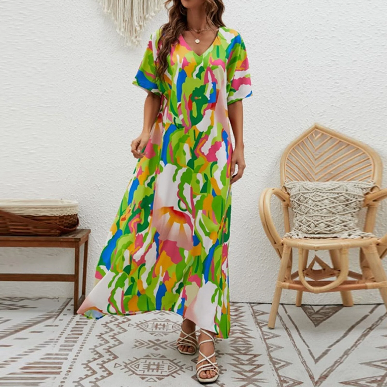 Boho Maxi Dress Abstract Print V-Neck Short SleeveClistos