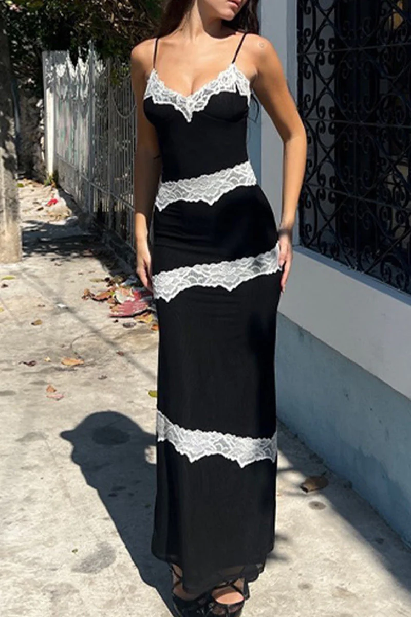 Lace Trim V-Neck Maxi DressClistos