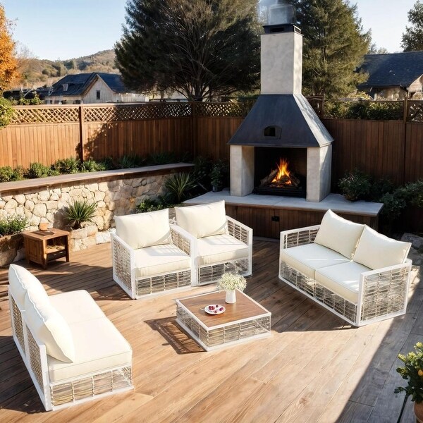 7Piece Metal Patio Sectional Sofa Set with Coffee Table,AllWeather Garden Conversational Set with Thick Cushions,White