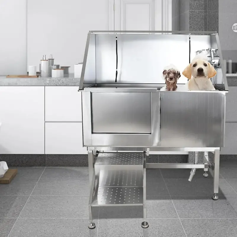 Stainless Steel Dog Grooming Tub – Full-Size Pet Wash Station with Ramp, Faucet & Handheld Sprayer