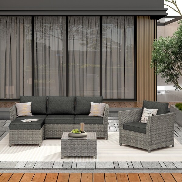 OVIOS 6Piece Patio Grey Wicker Conversation Set