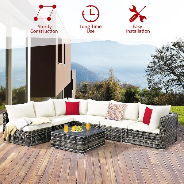 7PCS Patio Rattan Furniture Set Sectional Sofa Garden Cushion