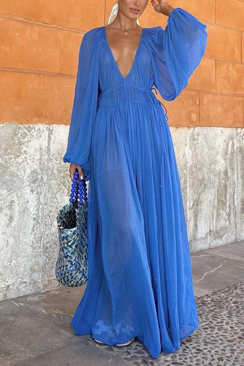 Deep V Flowy Maxi Dress with Drawstring WaistClistos