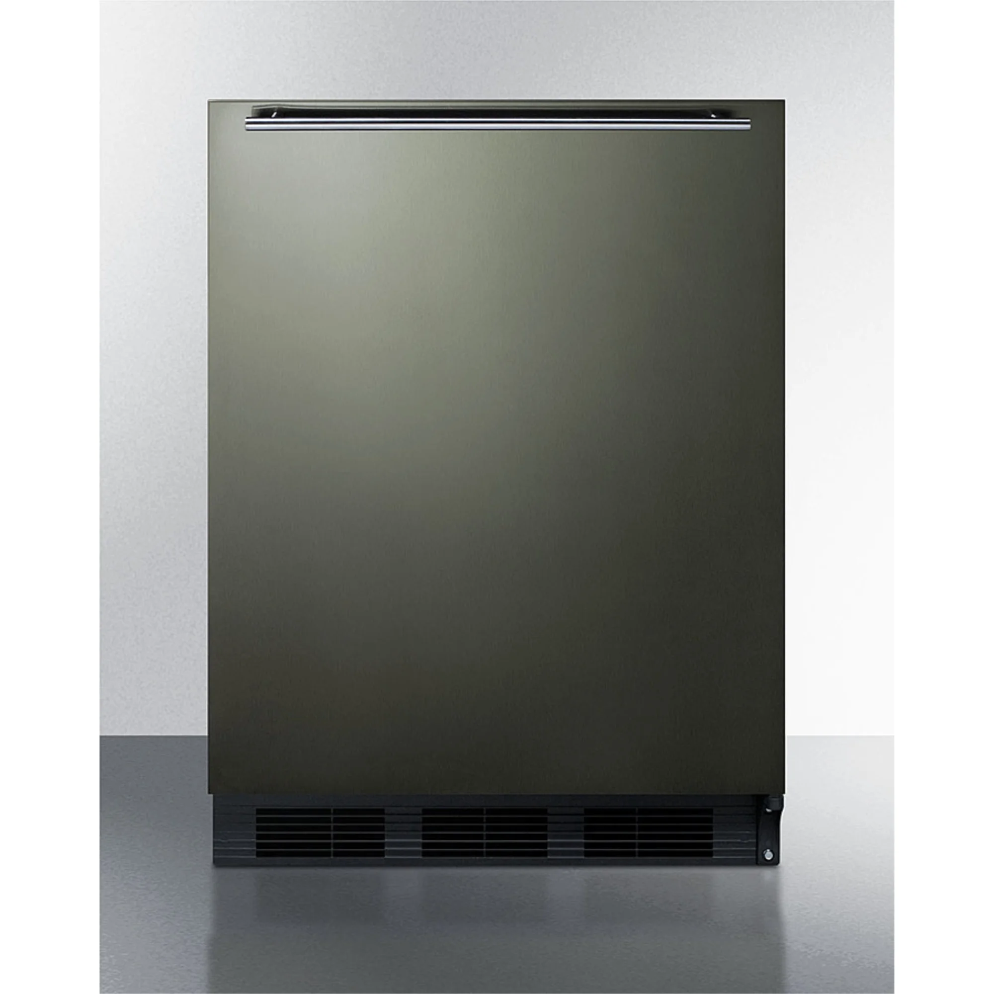 Built-in undercounter refrigerator-freezer for residential use, cycle defrost with black stainless steel wrapped door, horizontal handle, and black cabinet