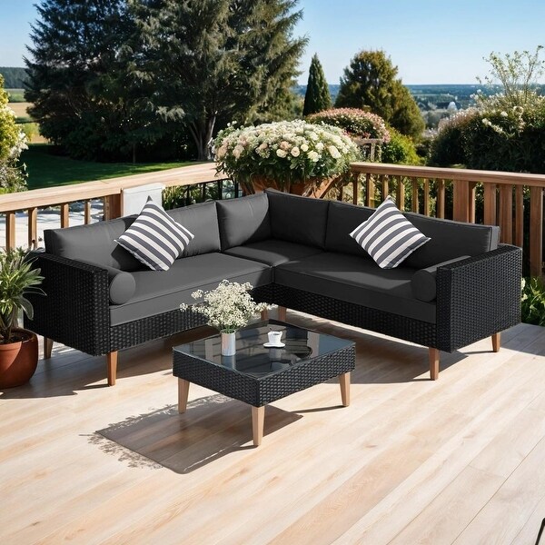 Elegant 4pieces Outdoor Wicker Sofa Set,Patio Furniture with Colorful Pillows,Lshape sofa set,Black cushions and Brown Rattan