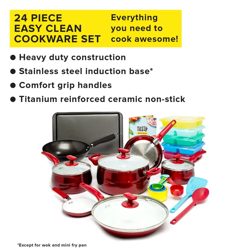 Tasty 24 Piece Titanium Ceramic Non-Stick Cookware Set, Dishwasher Safe, Red